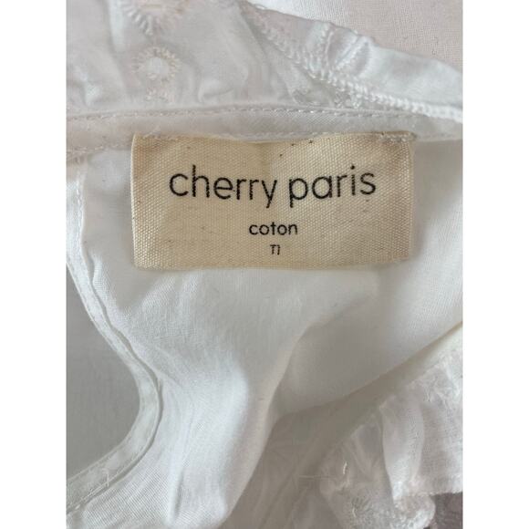Cherry Paris Women's Size M White Floral Eyelet Ruffle Neck Cotton Blouse - Picture 5 of 8